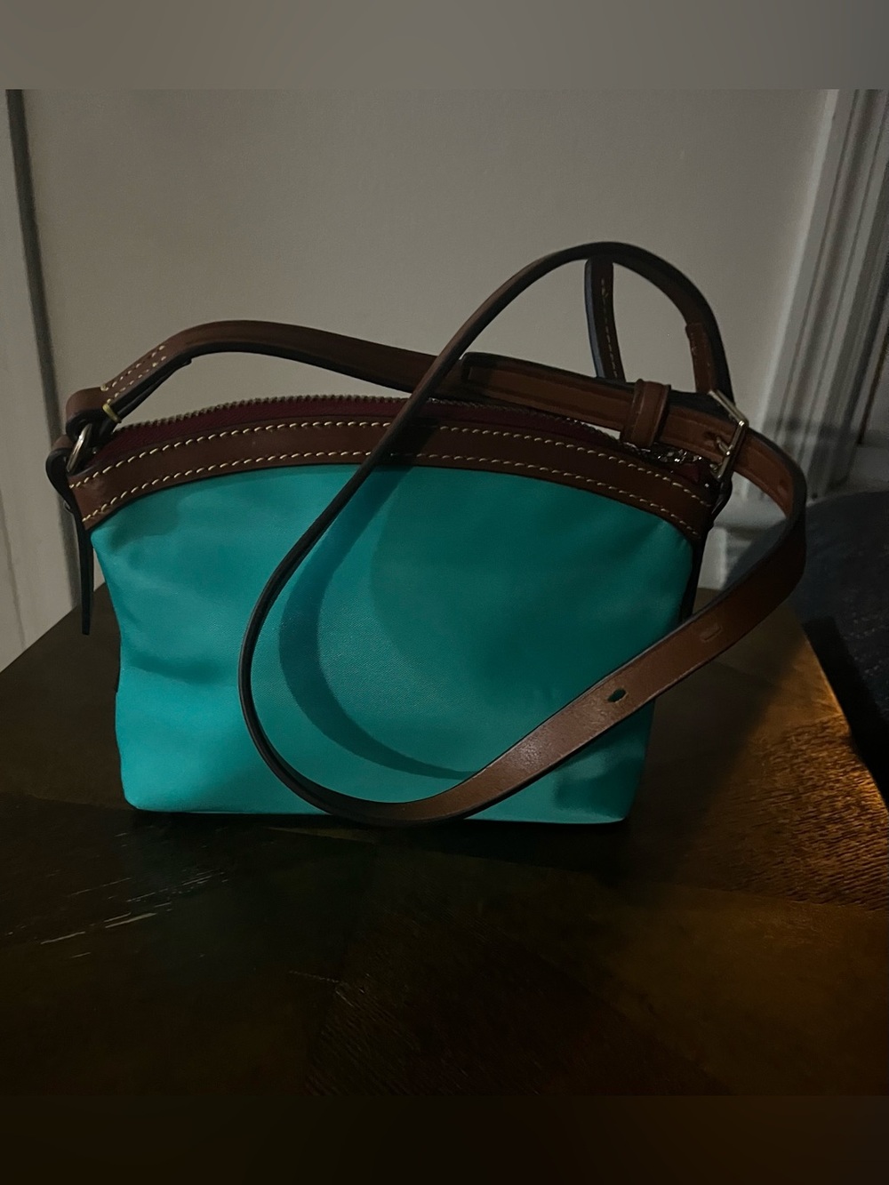 Dooney & Bourke Teal Nylon Domed Wayfarer Crossbody Bag with Brown Leather Trim - Picture 2 of 10